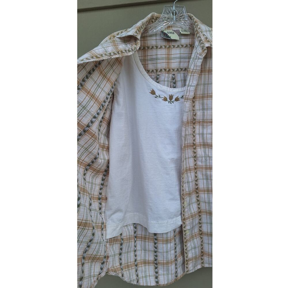 Vintage SMB Women Cotton Floral Botanical Embroidered Shirt -Tank Tan Green L